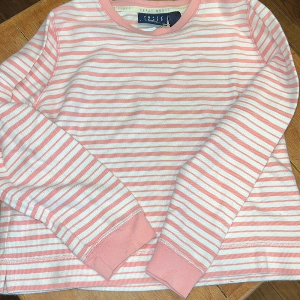Vintage Cropped Pink and White Striped Thermal Style Long Sleeve Top